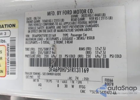 2015 Ford Fusion Se from USA, damaged, VIN 3FA6P0H75FR131169